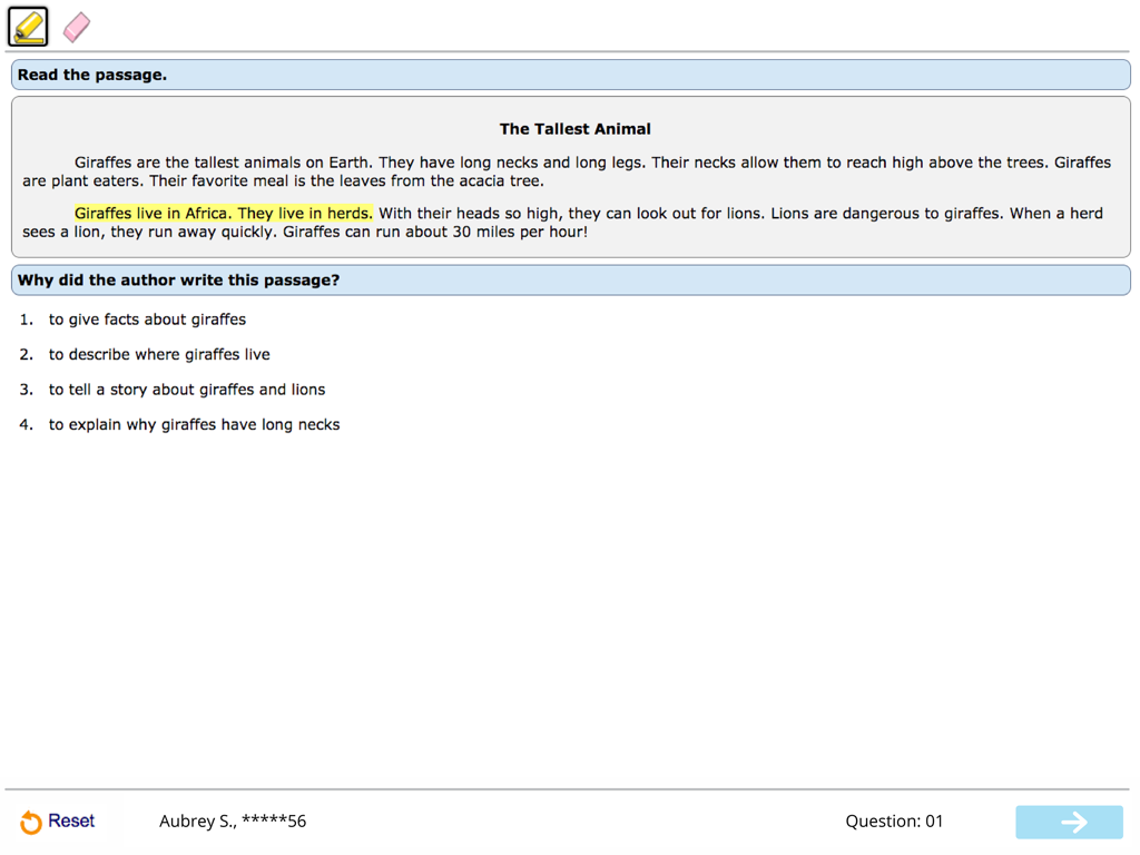 NWEA Secure Testing - Una pregunta de comprensión lectora sobre jirafas en la aplicación de iPad NWEA Secure Testing que muestra un pasaje y respuestas de opción múltiple.