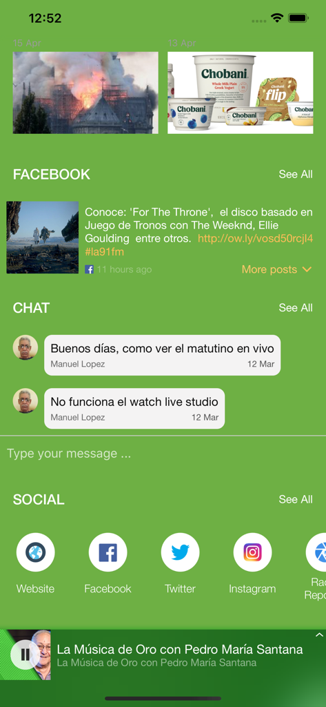 Interface of the La 91 FM app showing a Facebook feed section, user chat messages, social media links, and a live audio player.