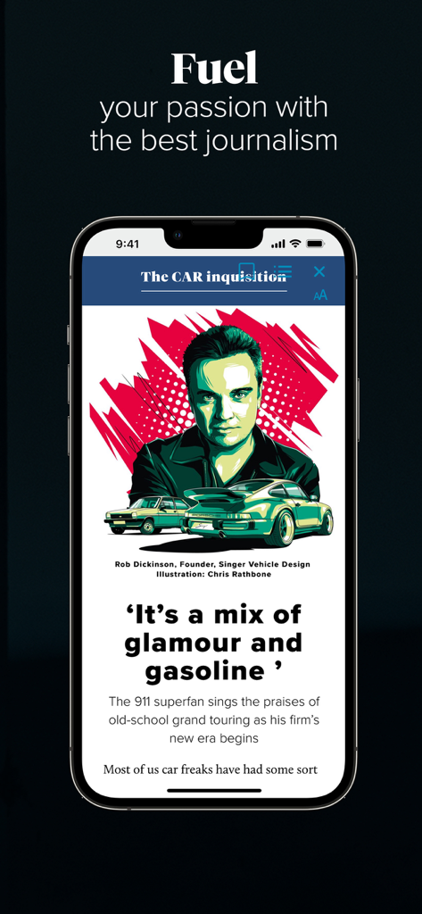 CAR Magazine - News & Reviews - A screenshot of the CAR Magazine app featuring an interview article with Rob Dickinson and high-quality automotive illustrations.