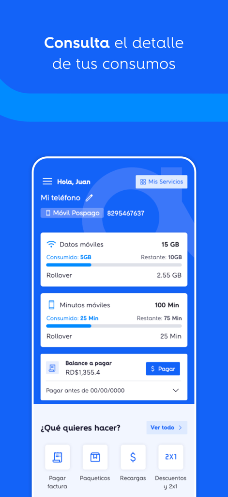 Panel de control de la aplicación Mi Altice que muestra el uso de datos móviles, minutos y saldo de pago en español