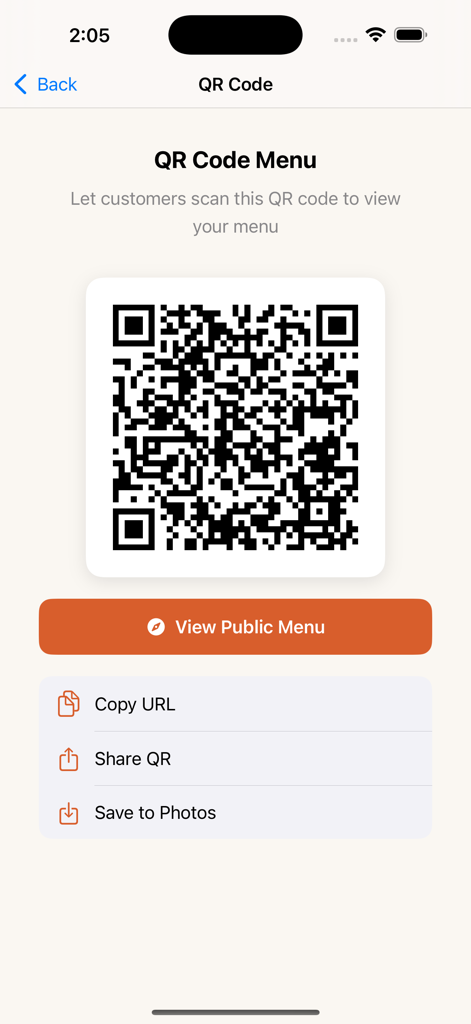 The Lazy Potato - Mobile app interface displaying a generated QR code for a digital restaurant menu with sharing and saving options.