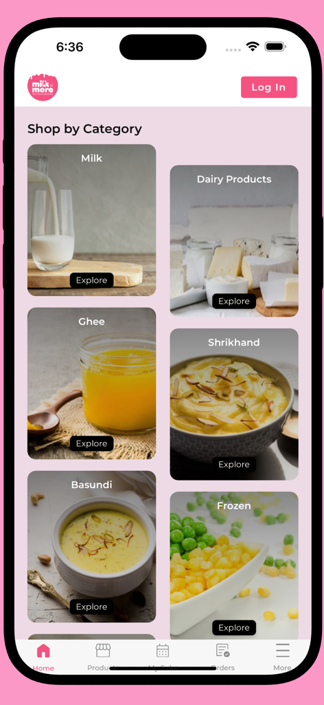 Shop by category screen in the Milk n More app featuring milk dairy products and ghee