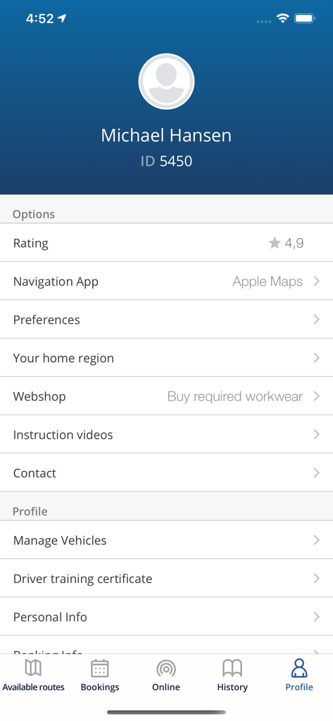 User profile screen of the Mover for Drivers app showing account settings and driver rating