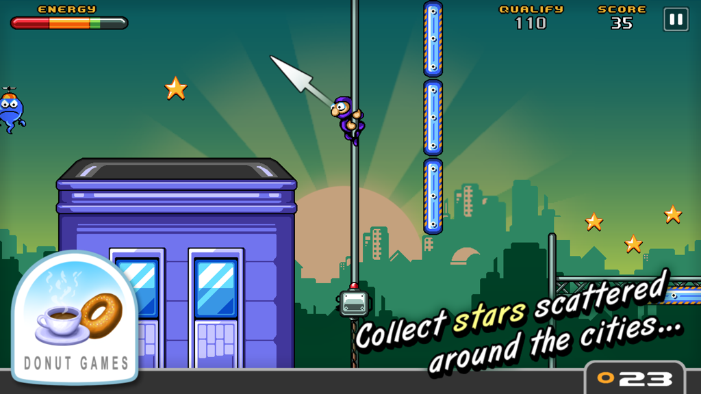 Francois the Urban Ninja climbing a pole to collect stars in a city setting