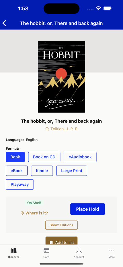 Screenshot of the Ocean State Libraries app showing book details for The Hobbit including available formats like eBook and Kindle plus a place hold button