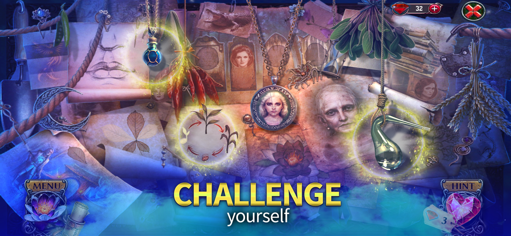 Black Lotus (F2P Adventure) - Black Lotusアドベンチャーゲームのスクリーンショットで、肖像画と「自分自身に挑戦」というテキストが表示されたミステリーパズルシーンを表示