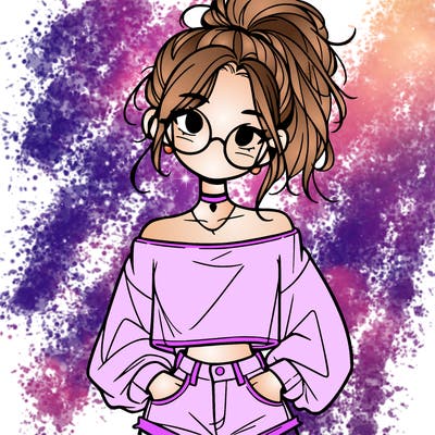 girl with a messy ponytail glasses a baggy crop top and jean shorts