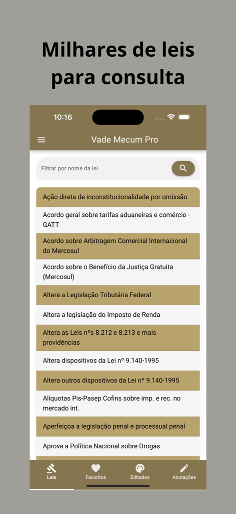 Interfaz de la app Vade Mecum Pro mostrando una lista de leyes brasileñas para consulta.