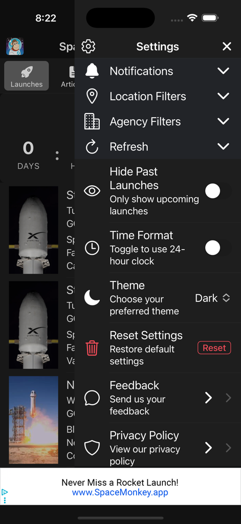 Space Launch Schedule - ダークモードでのロケット打ち上げの通知とフィルター設定を表示するアプリ設定画面。