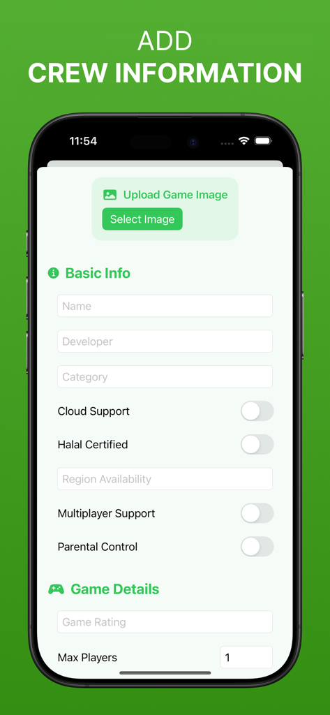 HaIaI CIoud Gaming - Mobile screen for adding game crew information with details like halal certification and multiplayer support
