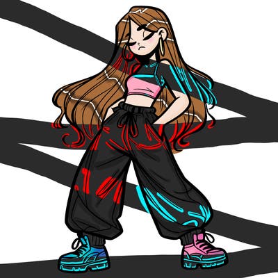 girl in baggy pants crop top and long hair