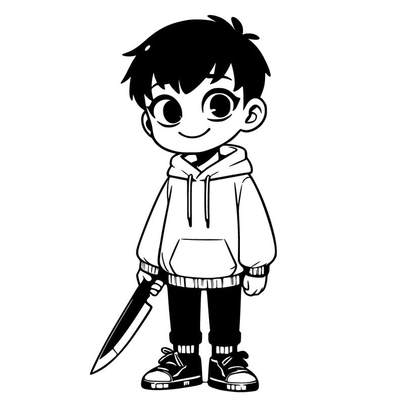a boy with pale skin and he’s smiling his eyes are blue and he has short black hair and he’s wearing a white hoodie and black pants and sneakers and he’s holding a knife