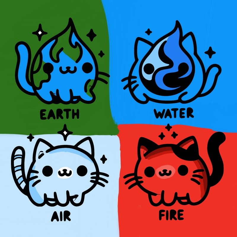 4 cats that represent the different elements, earth, water, air, and fire