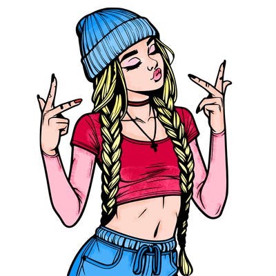 realistic teenage girl with braids and a beanie and crop top doing 🫶🏼