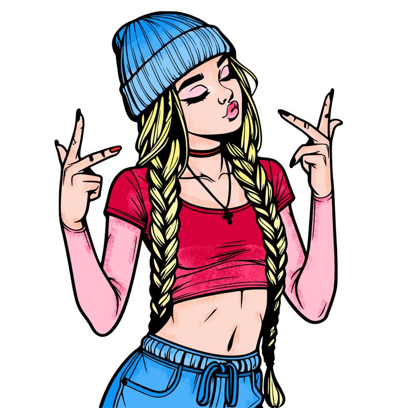 realistic teenage girl with braids and a beanie and crop top doing 🫶🏼