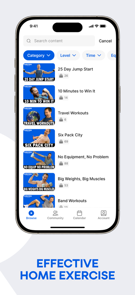 Chris Ryan Fitness: Home & Gym - Chris Ryan Fitness app screen showing various home and gym workout programs including HIIT and travel workouts.