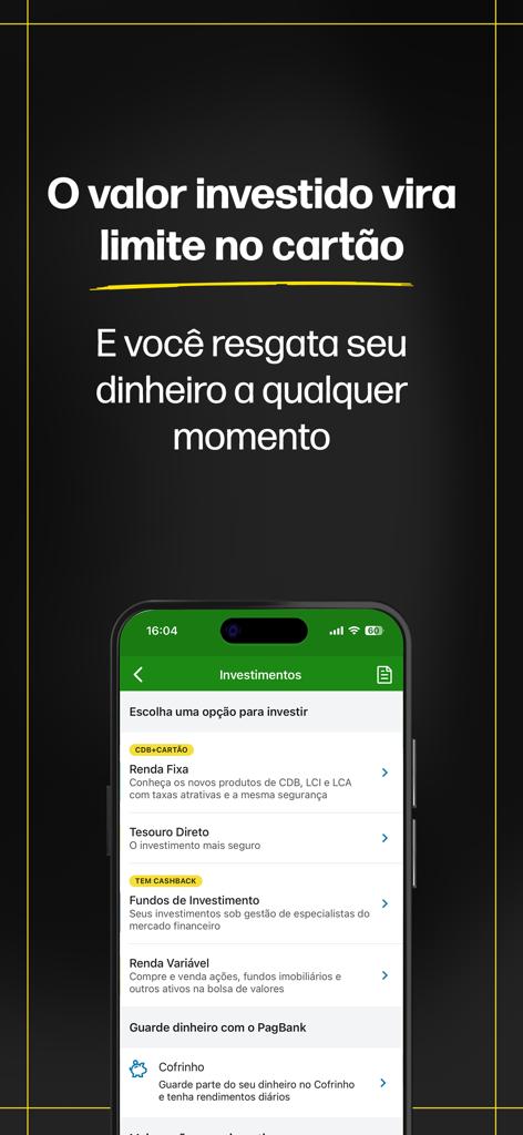 PagBank app investments screen showing how invested funds become credit card limits