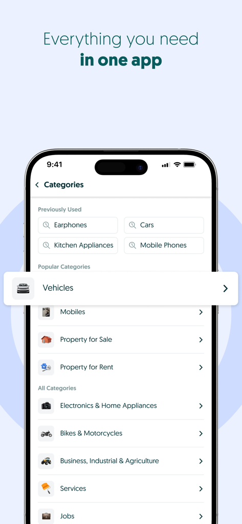 OLX Pakistan – Online Shopping - A mobile interface of the OLX Pakistan app displaying various marketplace categories like Vehicles, Mobiles, and Real Estate.