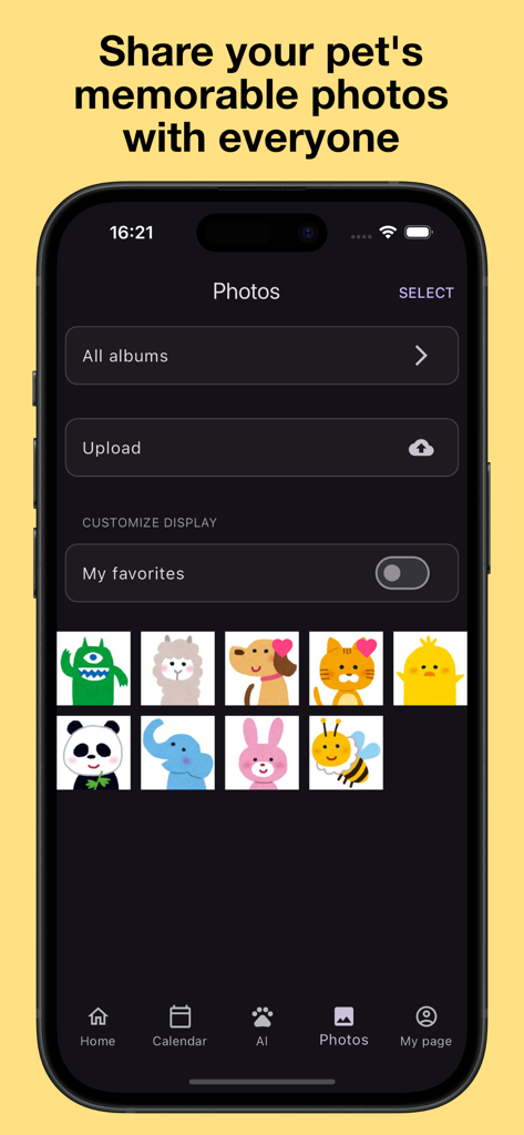 My Pet App for Health Tracking - 동물 이미지 그리드와 앨범 선택을 보여주는 반려동물 앱의 사진 관리 화면.