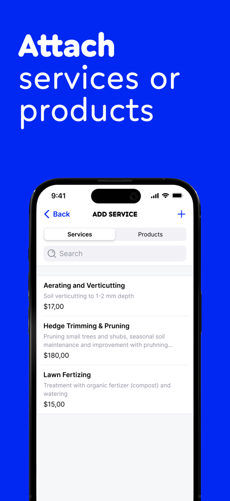 Appointment Scheduler: Billdu - Mobile app interface showing a list of services and products for small businesses