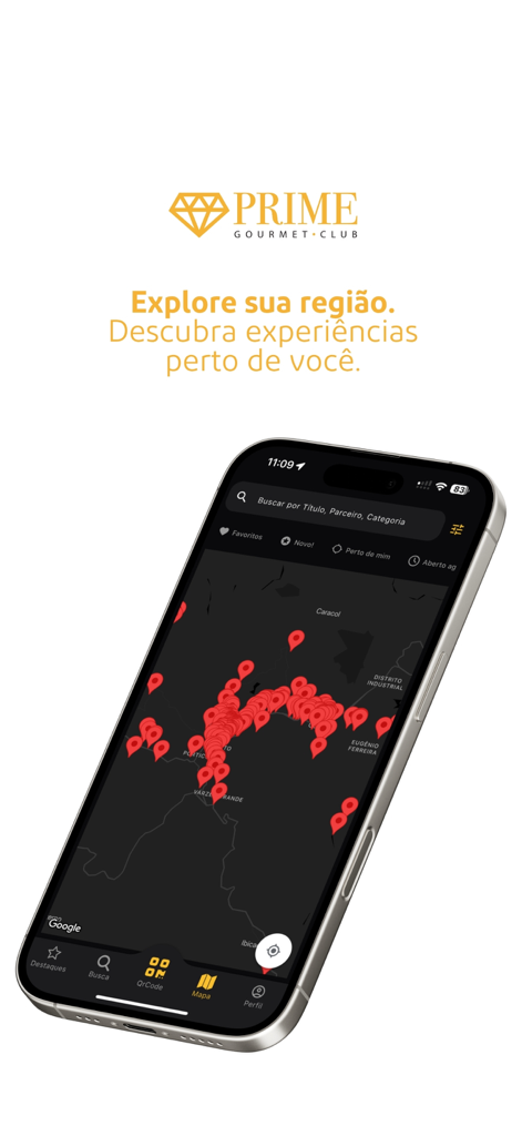 Interface do aplicativo Prime Gourmet Club mostrando um mapa com pinos vermelhos para experiências de luxo parceiras locais