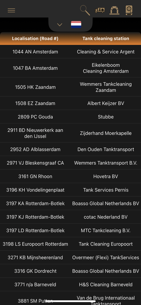 ADR Tool 2023 Dangerous Goods - Une liste de stations de nettoyage de citernes aux Pays-Bas avec les emplacements et les noms des entreprises dans l'application ADR Tool 2023