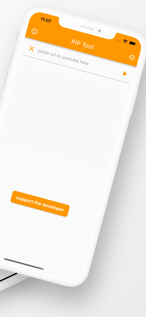 The home screen of the Picture-in-Picture Tool app featuring a URL input field for YouTube videos and a support the developer button.