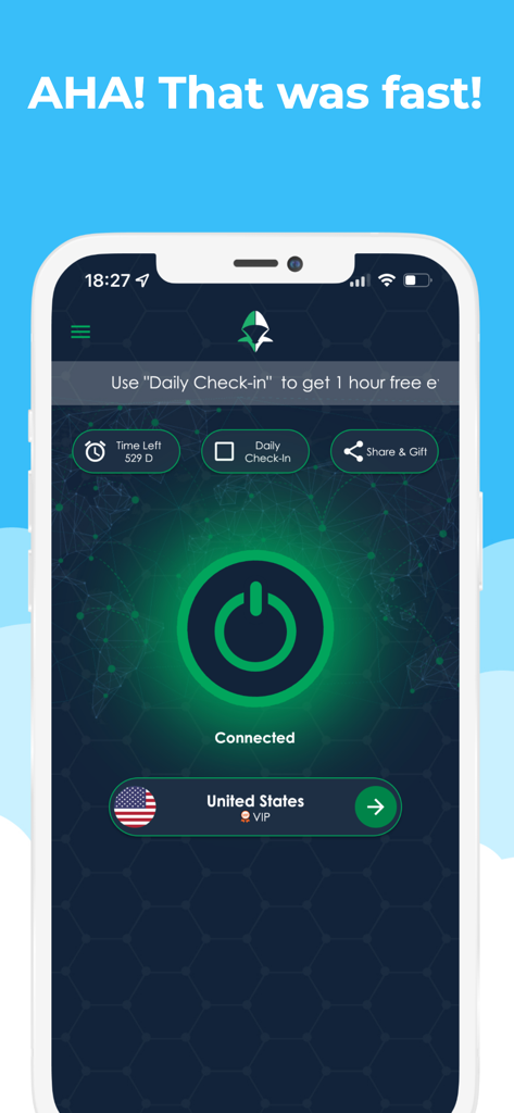 AHAspeed VPN - Fast & Secure - Smartphone screen displaying AHAspeed VPN connected to a US server with a green power button