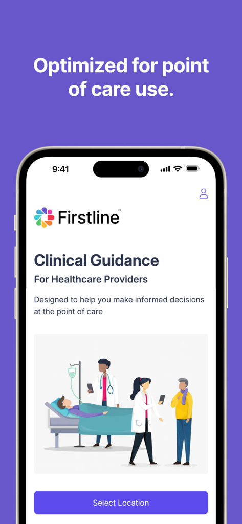 Firstline app home screen showing clinical guidance for healthcare providers optimized for point of care use.