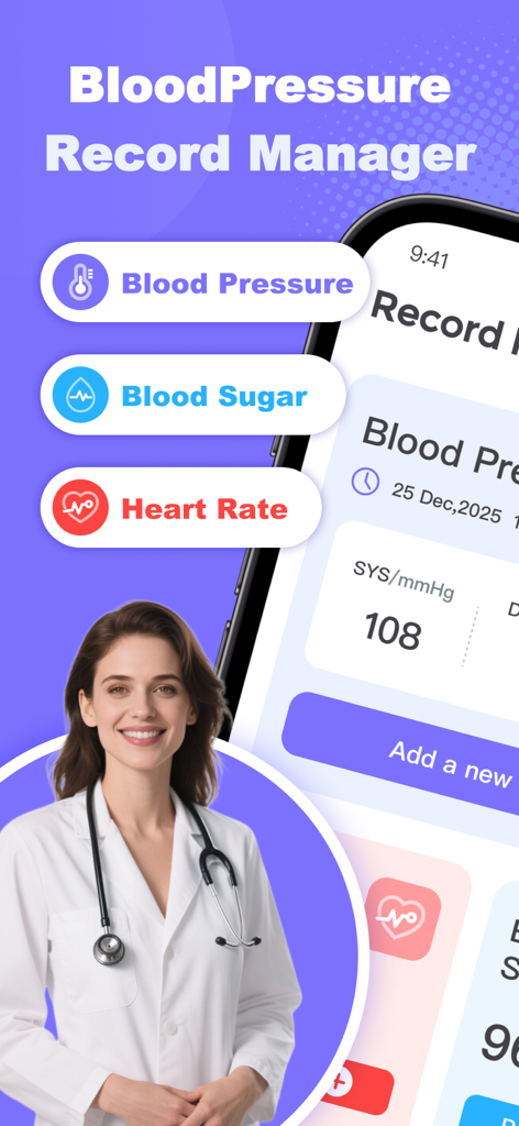 Easy BloodPressure - Easy BloodPressure app interface showing tracking options for blood pressure, blood sugar, and heart rate with a smiling doctor.