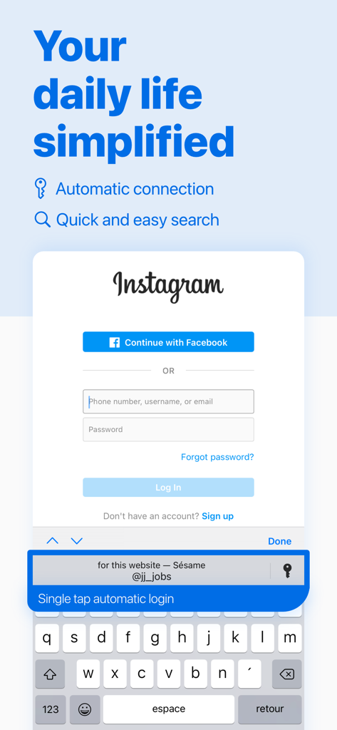 Sésame secure Password Manager - Sesame Password Manager che fornisce un login automatico con un solo tocco su un'app mobile