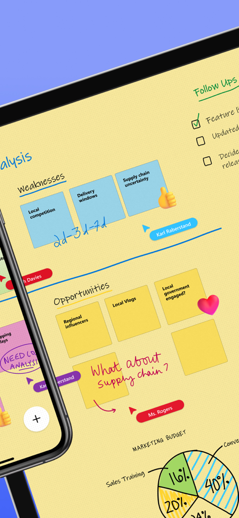 Microsoft Whiteboard - Une session de tableau blanc numérique collaborative dans Microsoft Whiteboard présentant des notes autocollantes, du texte manuscrit et des curseurs d'équipe en temps réel.
