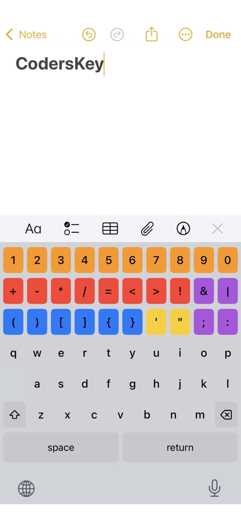 CodersKey - CodersKey keyboard layout for programmers on iOS showing specialized rows for numbers and coding symbols