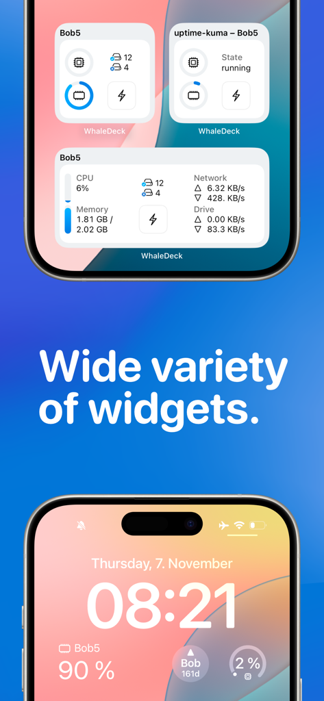 iPhoneのホーム画面とロック画面に様々なサーバー監視ウィジェットを表示するWhaleDeckアプリ。