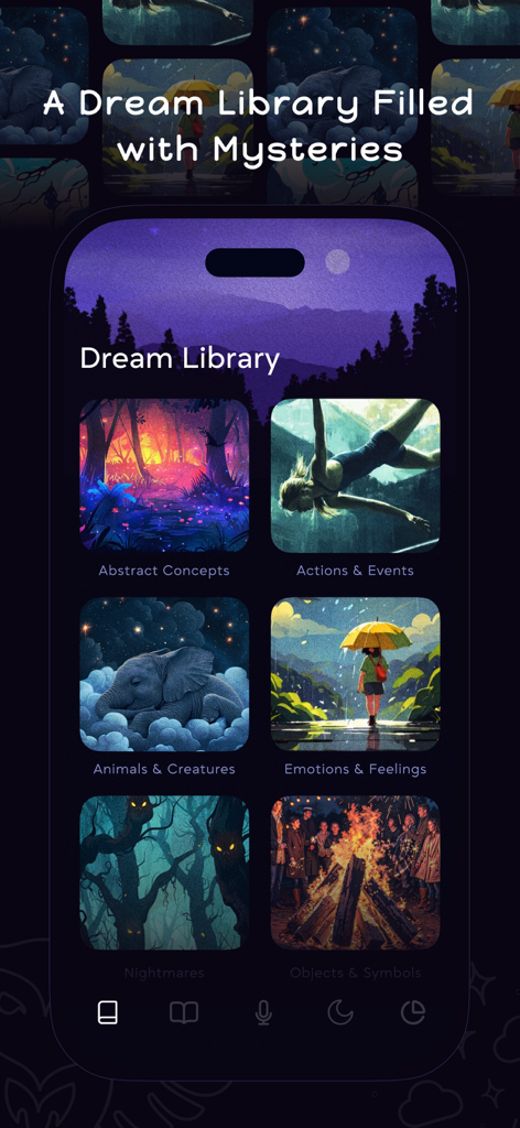 DreamOwl: Dream Journal - Interface of the DreamOwl app showing the dream library with illustrated categories like animals and nightmares