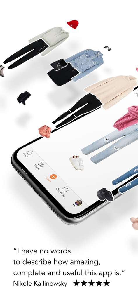 Tela de smartphone mostrando o aplicativo Combyne com looks estilizados e um depoimento de cinco estrelas