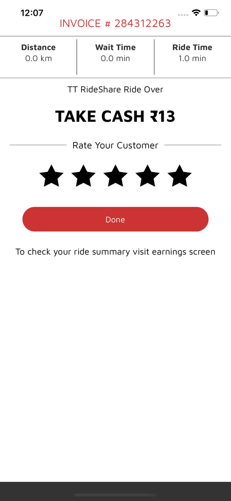 TT RideShare Driver - TT RideShare Driver app displaying a completed ride summary with a request to collect a cash payment and rate the customer.