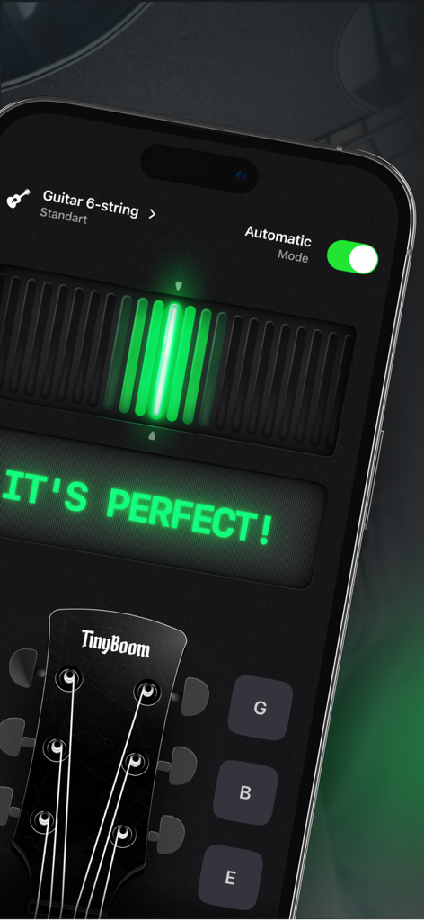 Guitar Tuner - Stringo - Interface de l'application d'accordage de guitare Stringo montrant un statut d'accordage parfait pour une guitare à six cordes.