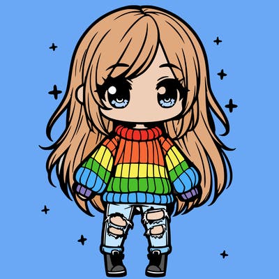 chibi girl with ripped jeans,long hair, and an oversized sweater