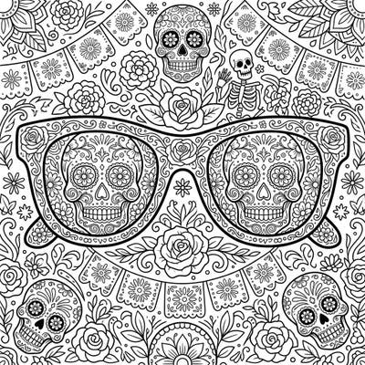 Embrace the spirit of Día de Muertos with this unique coloring page featuring sunglasses intricately adorned with sugar skulls and festive florals. It’s a beautifully detailed design, perfect for adding your personal touch to a cherished tradition.