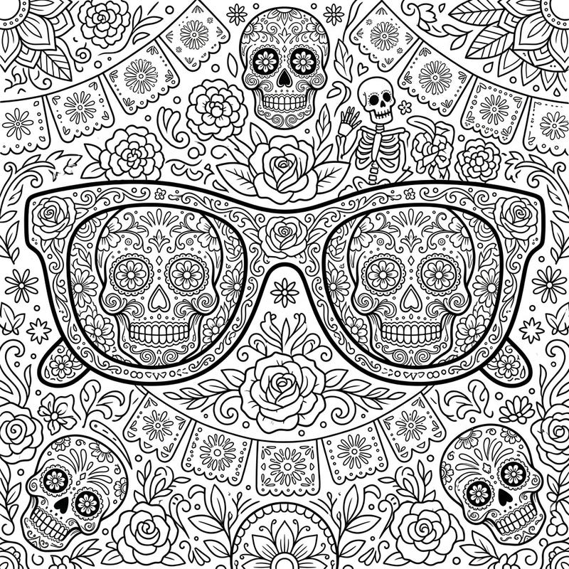 Embrace the spirit of Día de Muertos with this unique coloring page featuring sunglasses intricately adorned with sugar skulls and festive florals. It’s a beautifully detailed design, perfect for adding your personal touch to a cherished tradition.