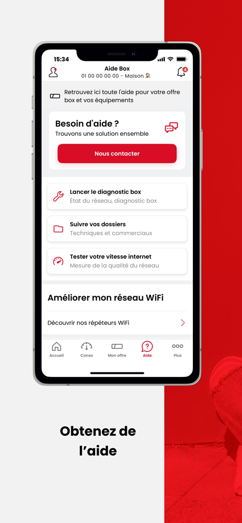 SFR & Moi - SFR and Moi app help screen showing technical diagnostic and contact options