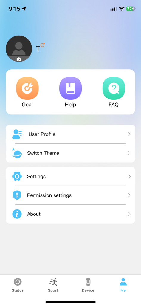 Schermata del profilo utente dell'app RIRO SMART che mostra le impostazioni dell'account e le opzioni di obiettivo.