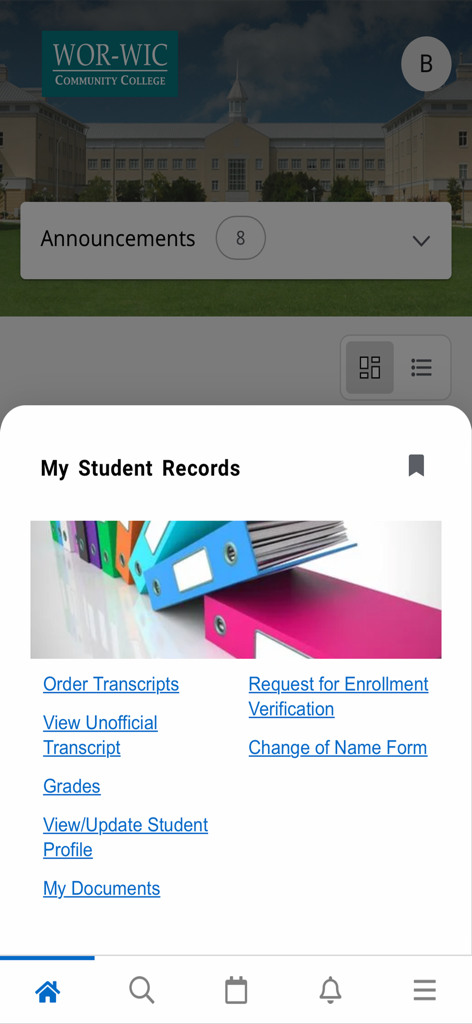 Wor-Wic Mobile - Tela de registros de estudantes do aplicativo Wor-Wic Mobile com links para históricos e notas