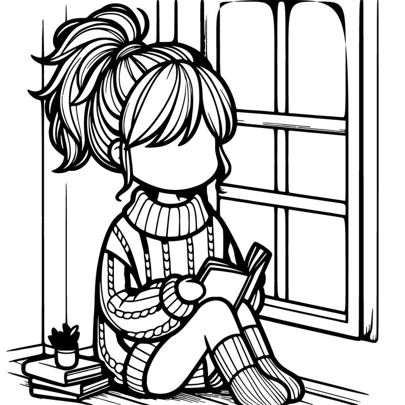 a girl with a messy pony tail and a over sized sweater and reading next to window