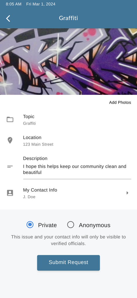Apple Valley Connect - Screenshot of a graffiti report submission page in the Apple Valley Connect app showing photo upload and location details