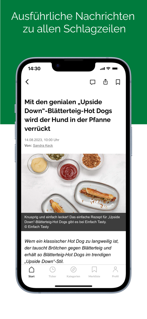 Smartphone screen showing a detailed article about food recipes in the Hanauer Anzeiger News app