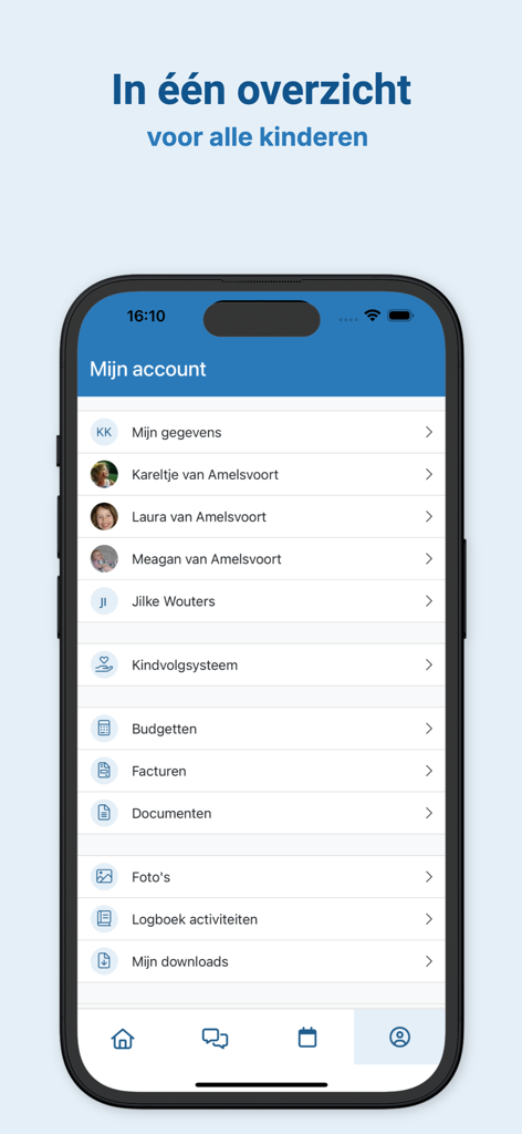 Kidsadmin Ouderapp - Kidsadminアプリで、アカウント情報と子供のリストが表示されているモバイルインターフェース。