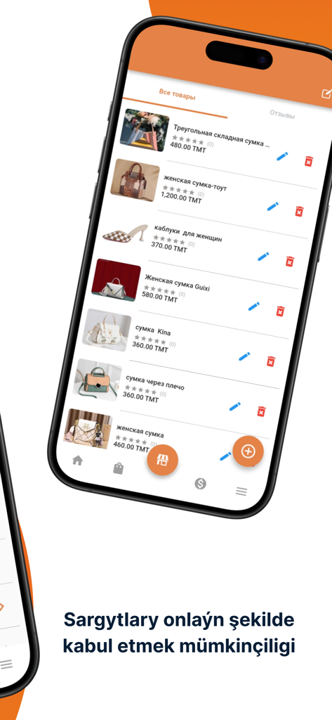 Ynamly Biz Store - Mobile app interface showing a list of store products with prices and management options.