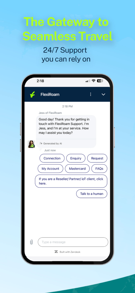 FlexiRoamアプリの24時間年中無休のカスタマーサポートチャットインターフェース
